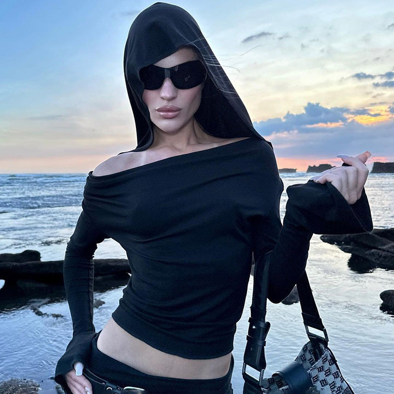 BLACK OFF-SHOULDER HOODED TOP