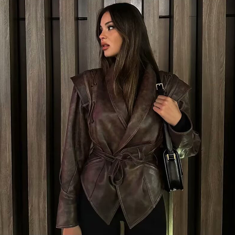 BROWN BELTED FAUX LEATHER JACKET
