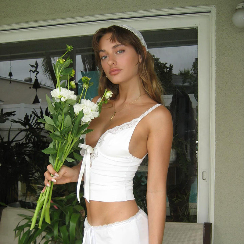 WHITE V-NECK LACE TRIM TOP