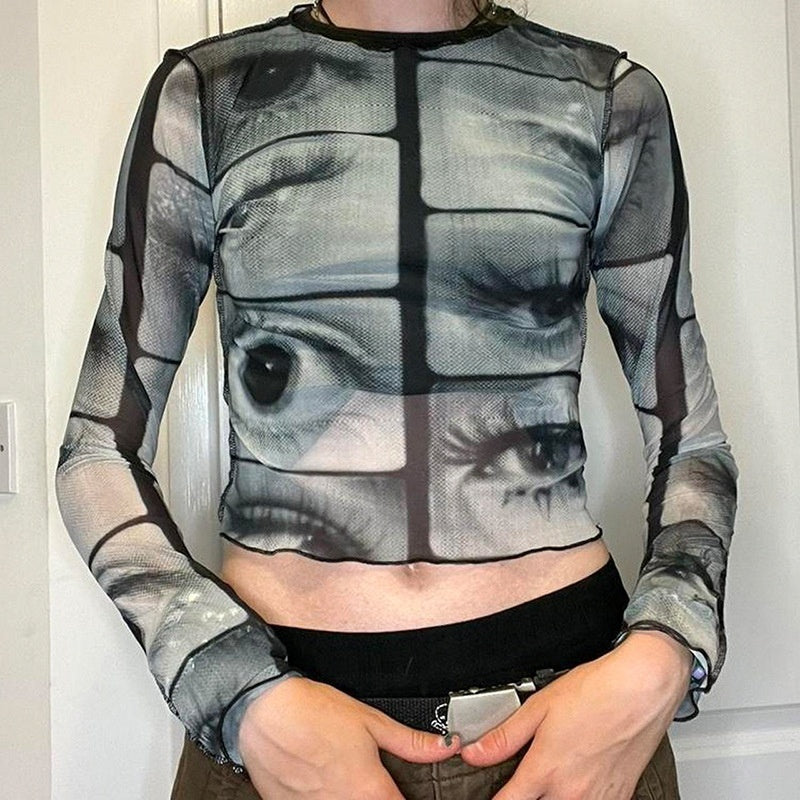 SURREAL EYE PRINT MESH LONG-SLEEVE TOP