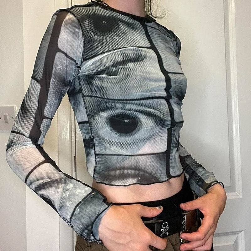 SURREAL EYE PRINT MESH LONG-SLEEVE TOP