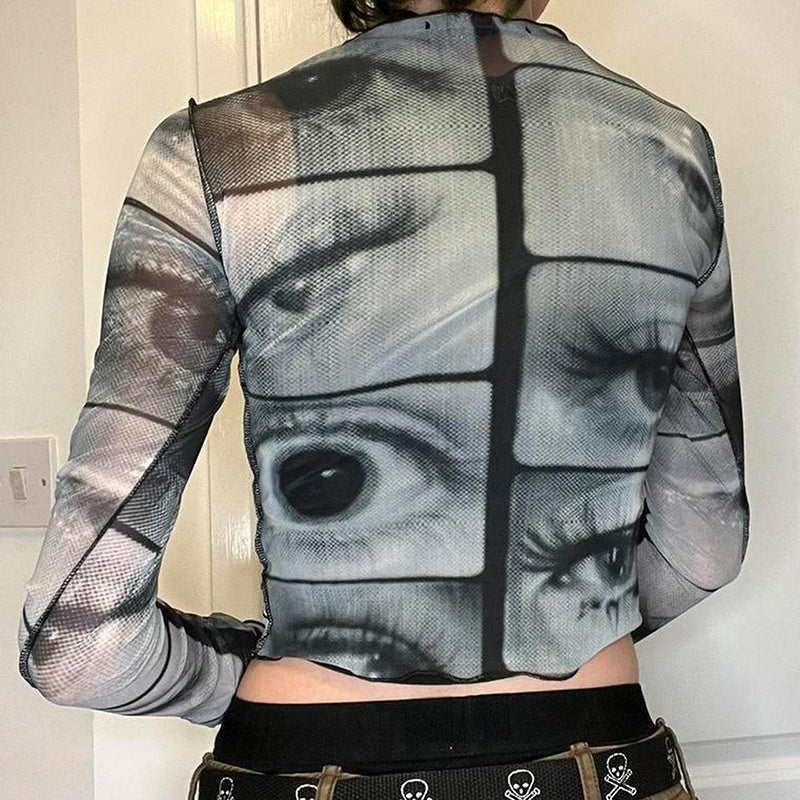 SURREAL EYE PRINT MESH LONG-SLEEVE TOP