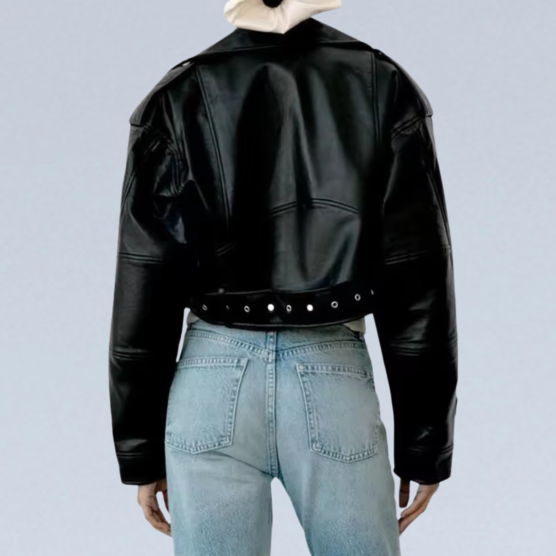 BLACK CROPPED FAUX LEATHER BIKER JACKET