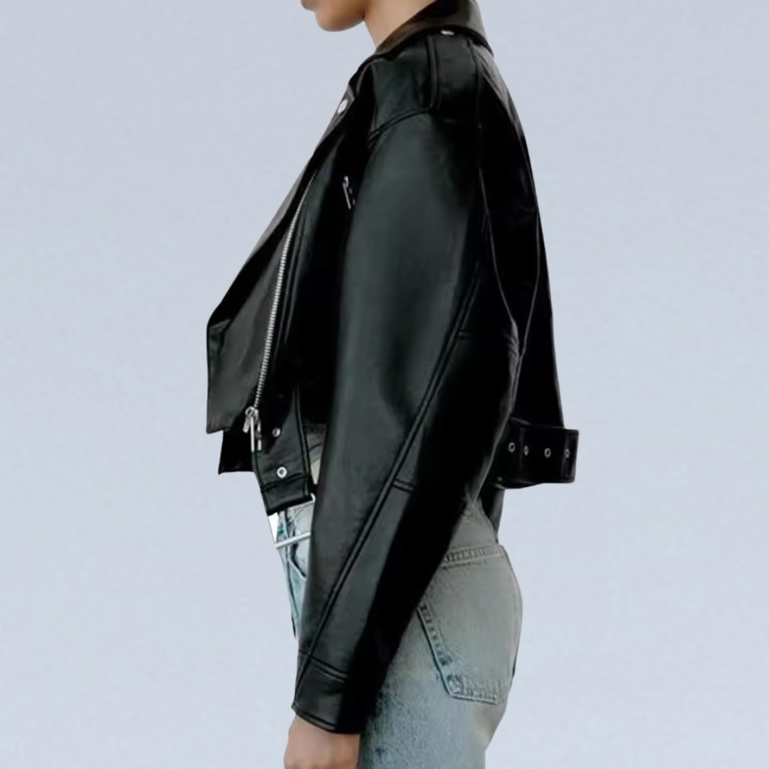 BLACK CROPPED FAUX LEATHER BIKER JACKET