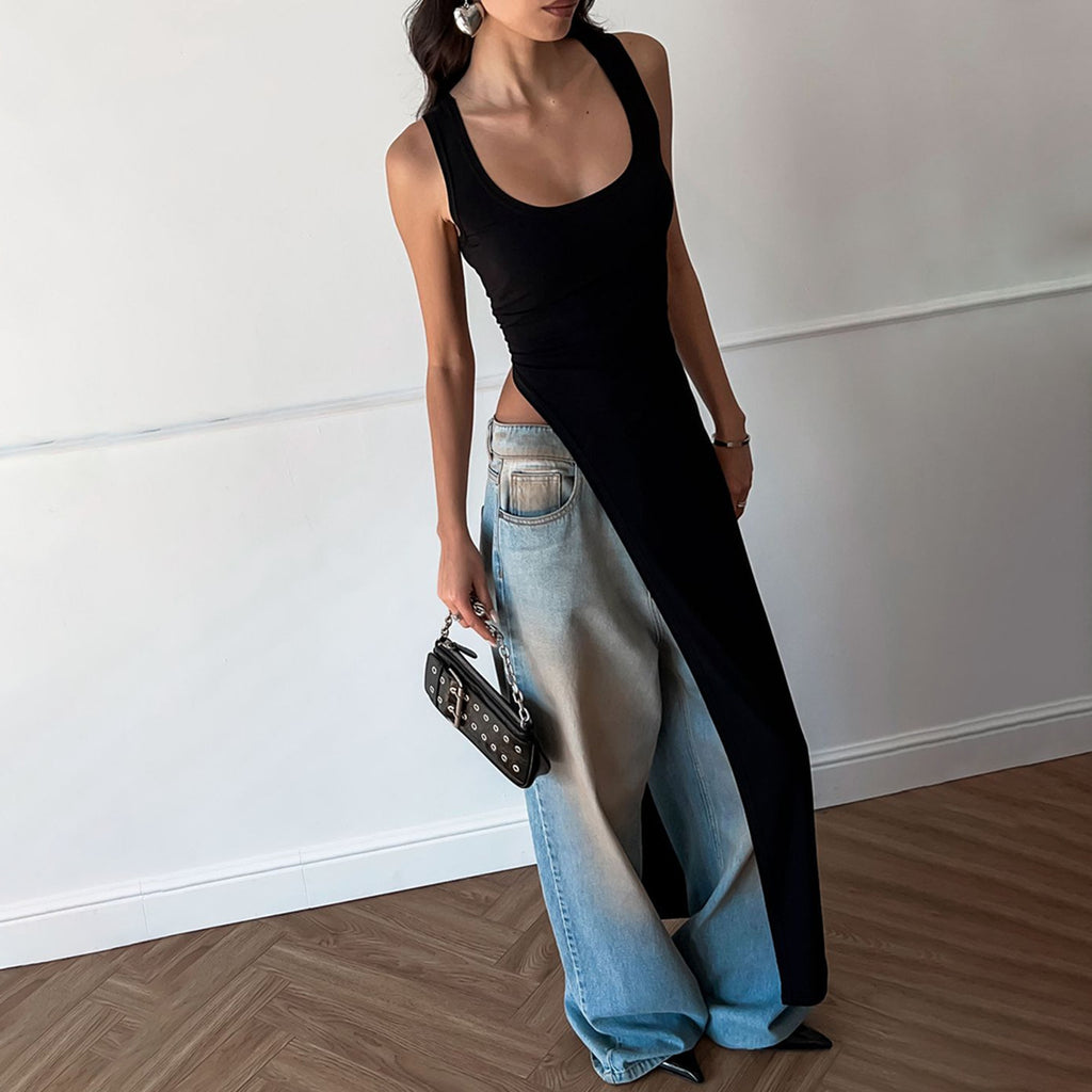 BLACK SPLIT SHOULDER STRAP TOP