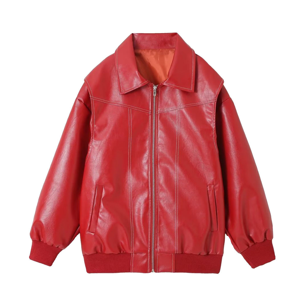 RED CONTRAST-STITCH FAUX LEATHER JACKET