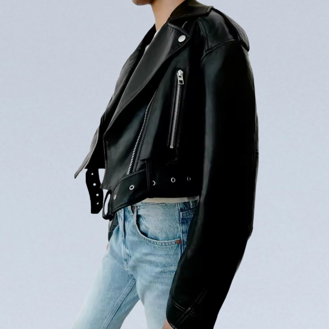 BLACK CROPPED FAUX LEATHER BIKER JACKET