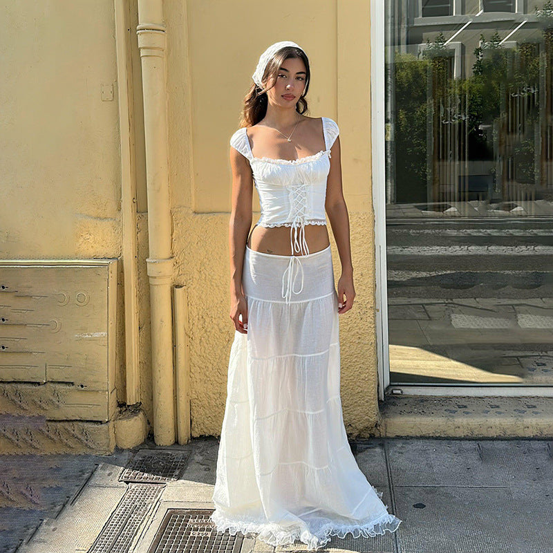 WHITE CORSET TOP AND SLIP SKIRT SET