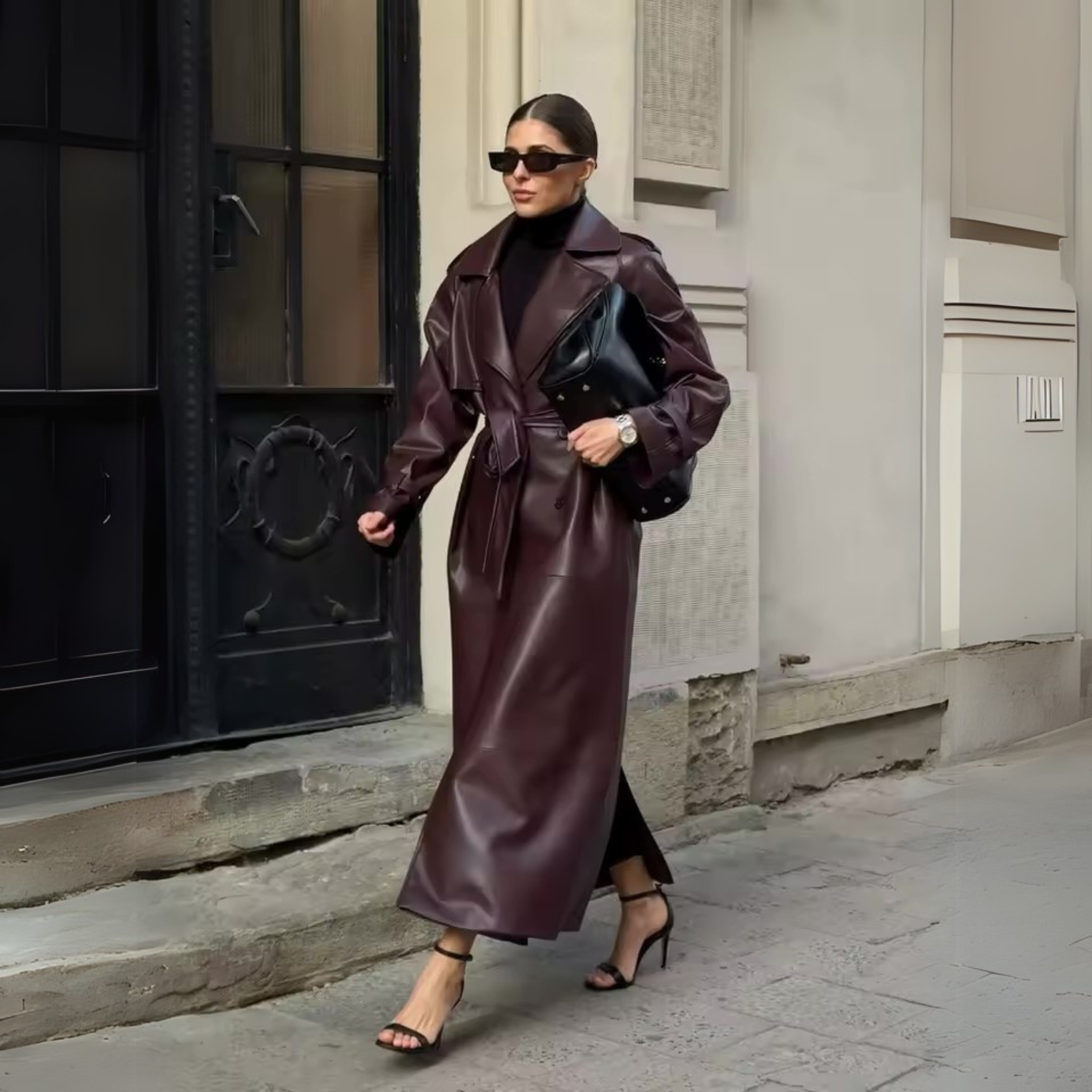 BURGUNDY FAUX LEATHER COAT