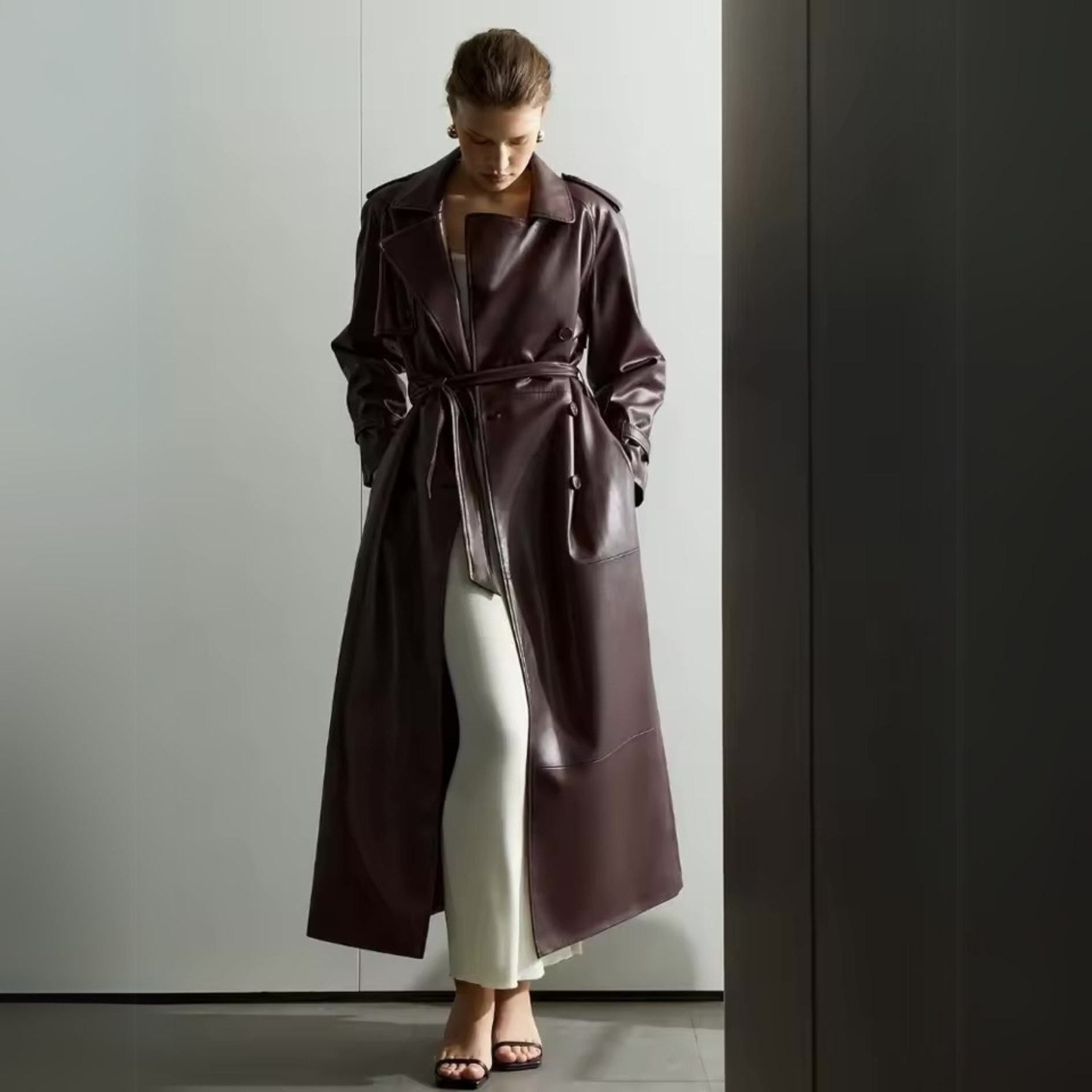 BURGUNDY FAUX LEATHER COAT