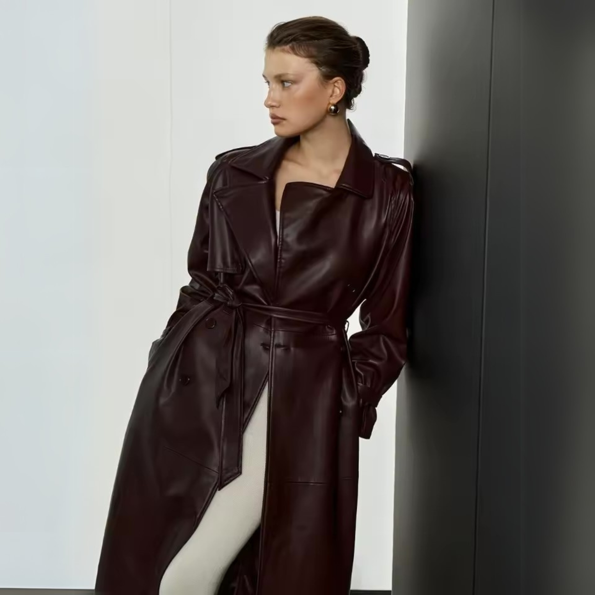 BURGUNDY FAUX LEATHER COAT