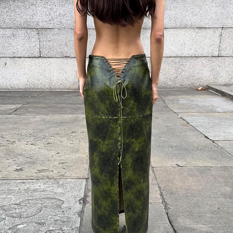 LACE UP FAUX LEATHER MAXI SKIRT