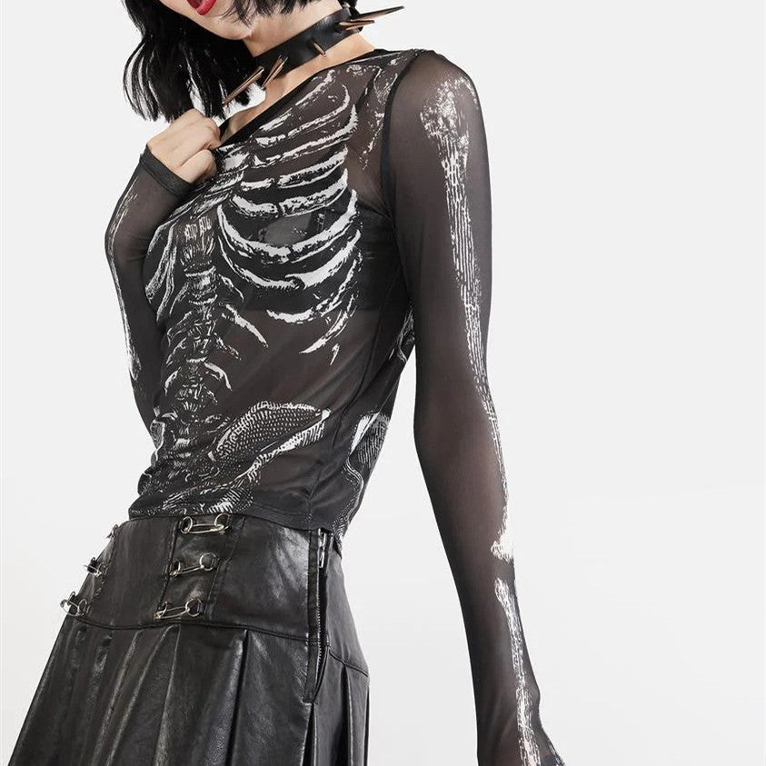 LONG SLEEVE SKELETON GRAPHIC MESH TOP