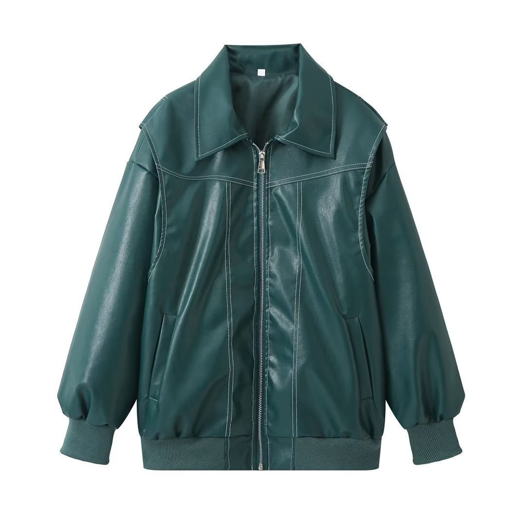 GREEN CONTRAST-STITCH FAUX LEATHER JACKET