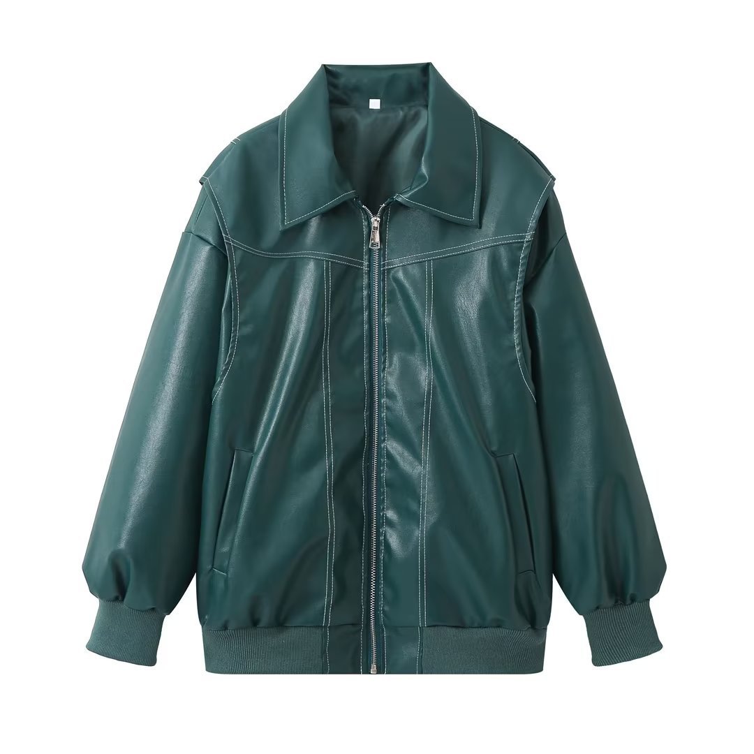 GREEN CONTRAST-STITCH FAUX LEATHER JACKET