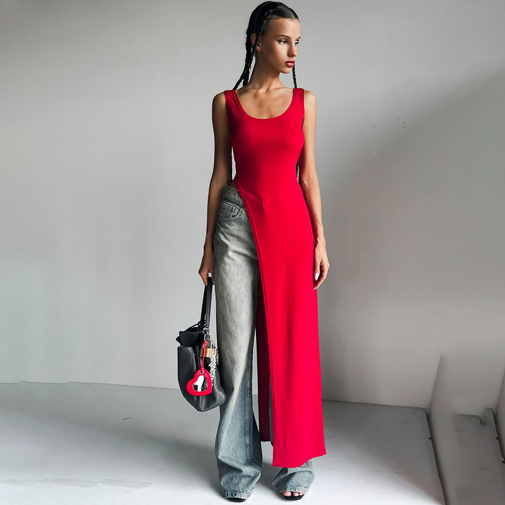 RED SPLIT SHOULDER STRAP TOP