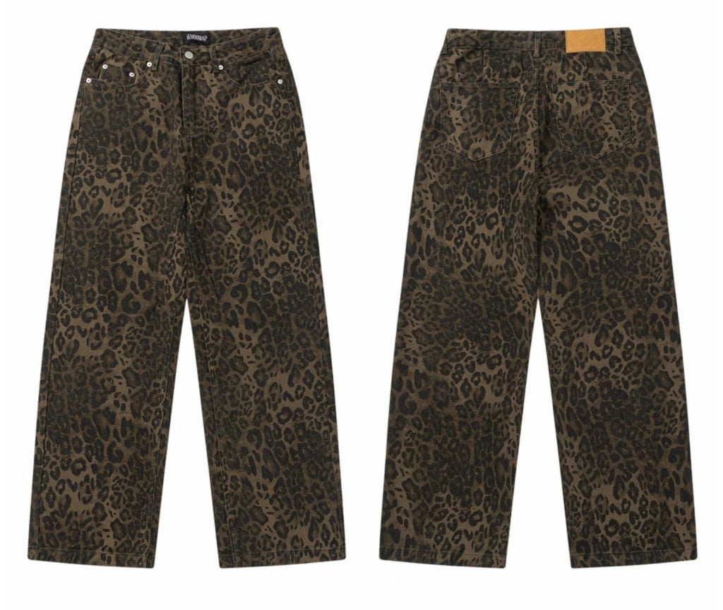 DARK BROWN LEOPARD PRINT WIDE-LEG JEANS