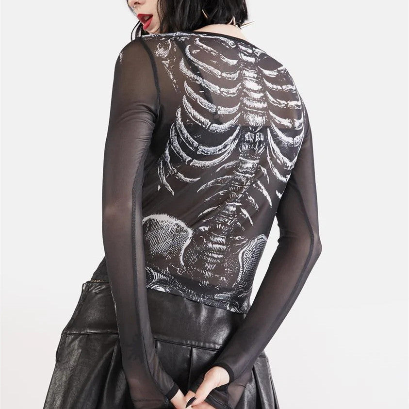LONG SLEEVE SKELETON GRAPHIC MESH TOP