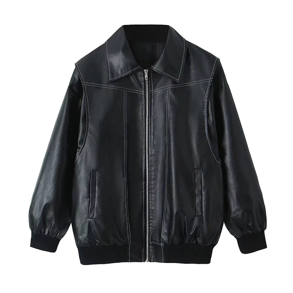 BLACK CONTRAST-STITCH FAUX LEATHER JACKET