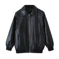 BLACK CONTRAST-STITCH FAUX LEATHER JACKET