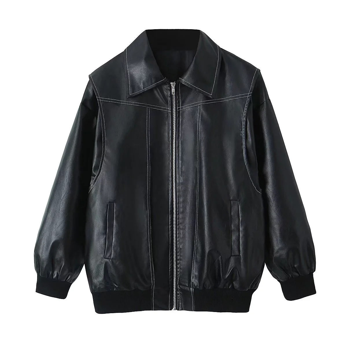 BLACK CONTRAST-STITCH FAUX LEATHER JACKET