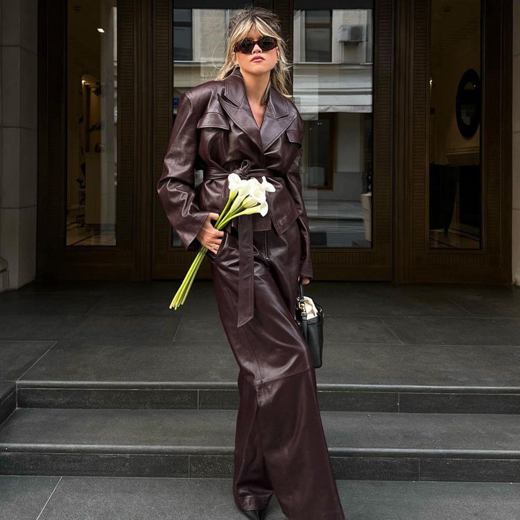 BURGUNDY FAUX LEATHER BELTED SUIT