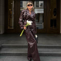 BURGUNDY FAUX LEATHER BELTED SUIT