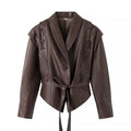 BROWN BELTED FAUX LEATHER JACKET