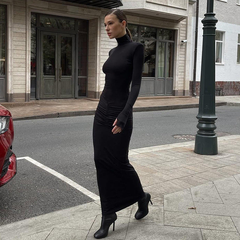 BLACK HIGH NECK PLEATED MIDI DRESS