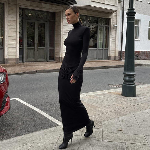 BLACK HIGH NECK PLEATED MIDI DRESS
