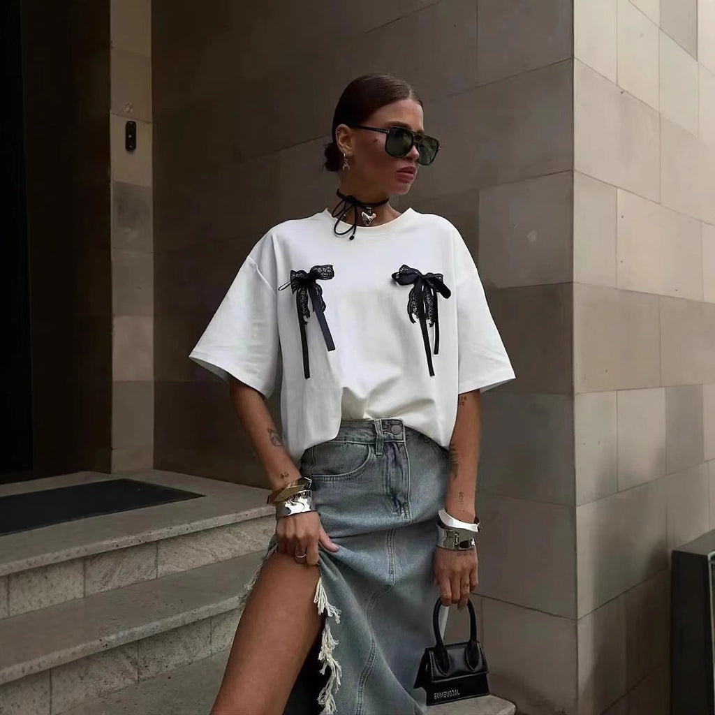 WHITE LACE DETAILS OVERSIZED T-SHIRT