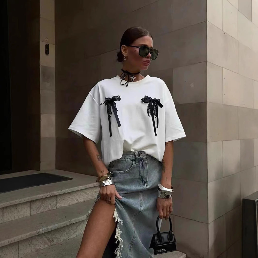 WHITE LACE DETAILS OVERSIZED T-SHIRT