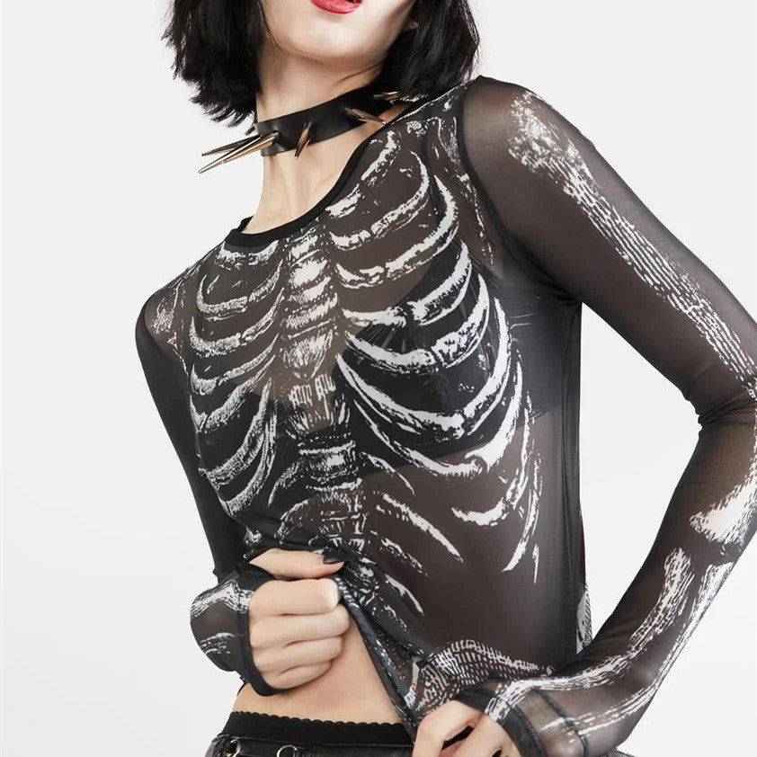 LONG SLEEVE SKELETON GRAPHIC MESH TOP
