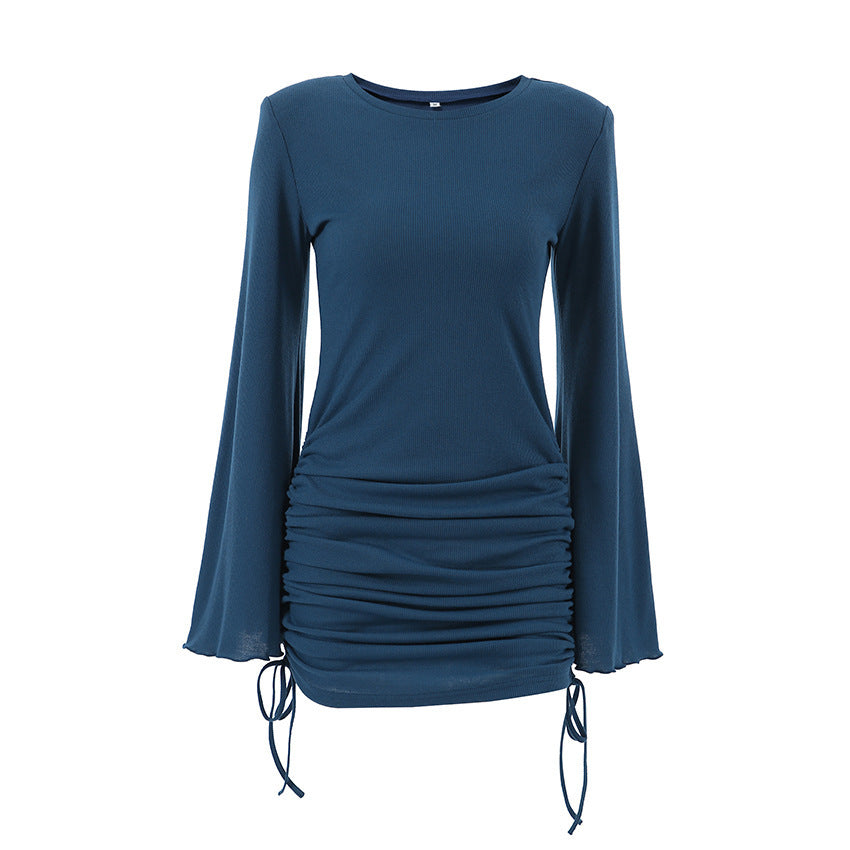 BLUE FLARED SLEEVE DRESS WITH SIDE RUCHING