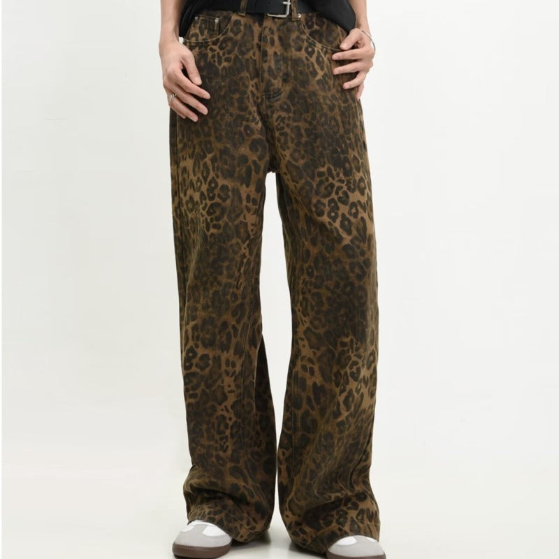 DARK BROWN LEOPARD PRINT WIDE-LEG JEANS