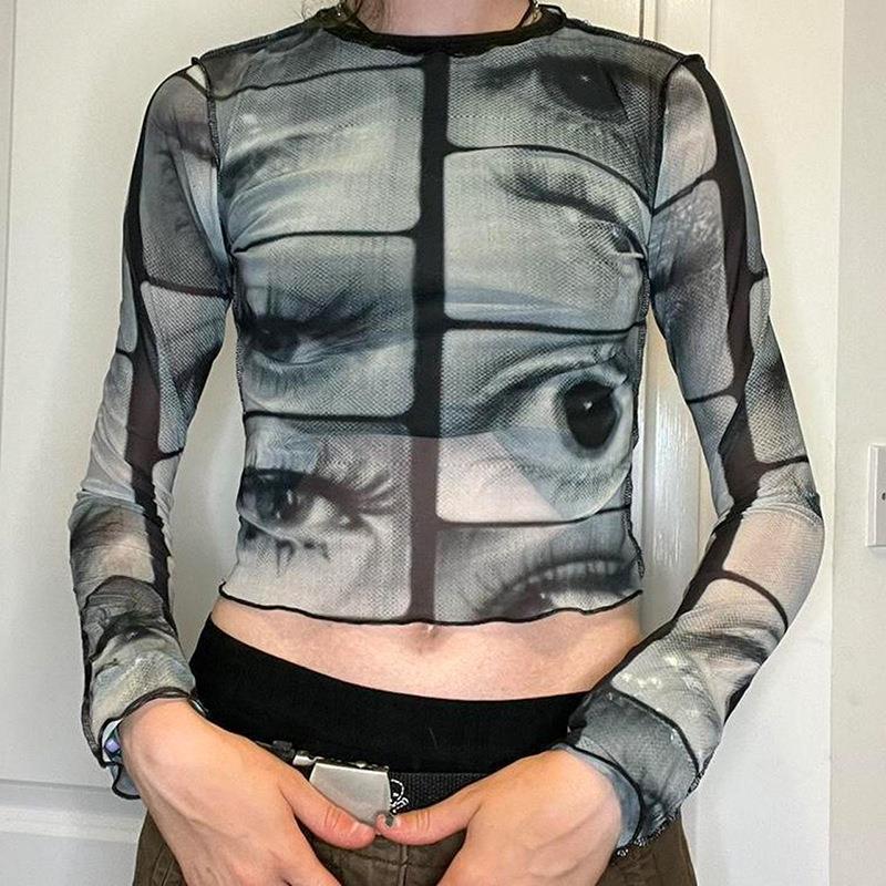 SURREAL EYE PRINT MESH LONG-SLEEVE TOP