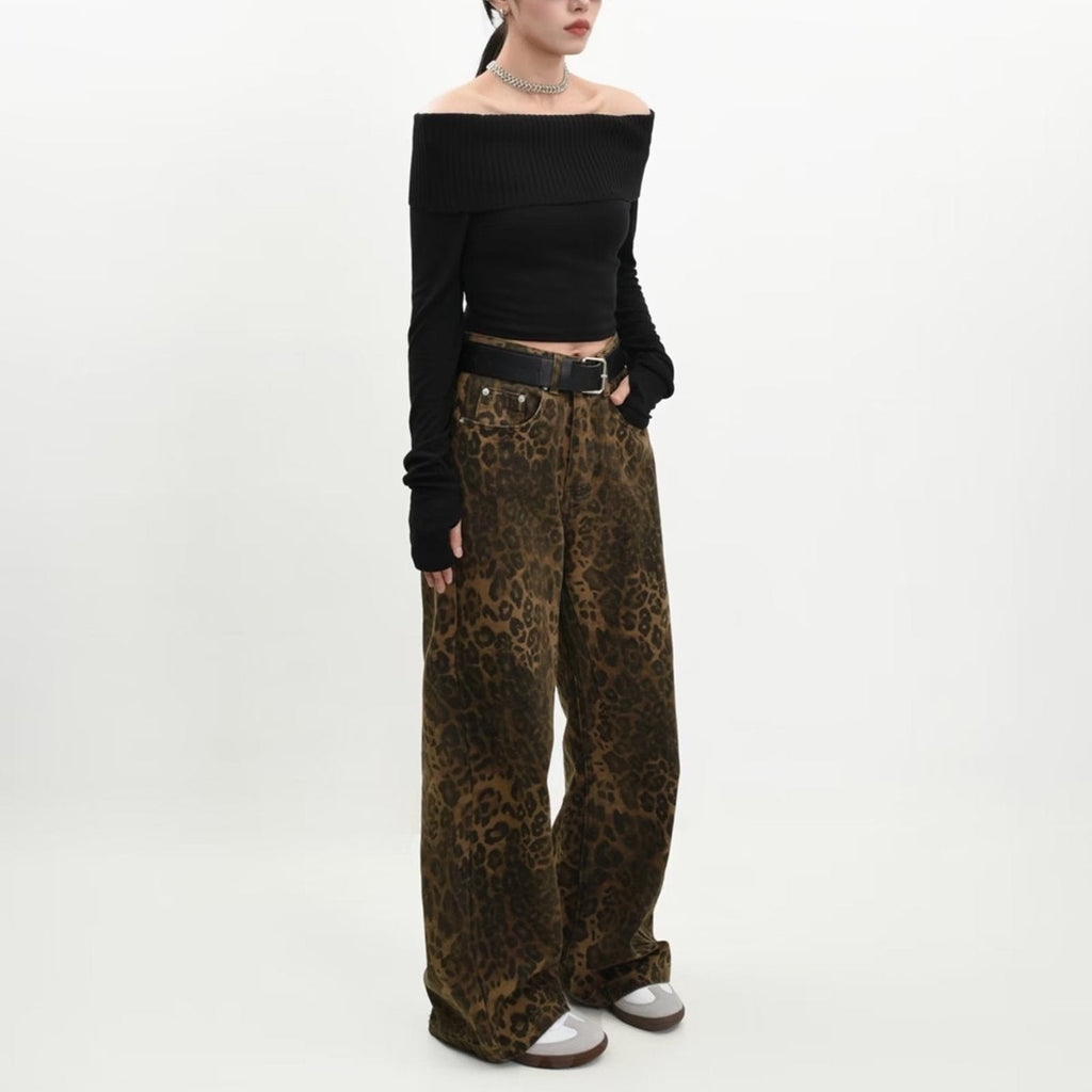 DARK BROWN LEOPARD PRINT WIDE-LEG JEANS