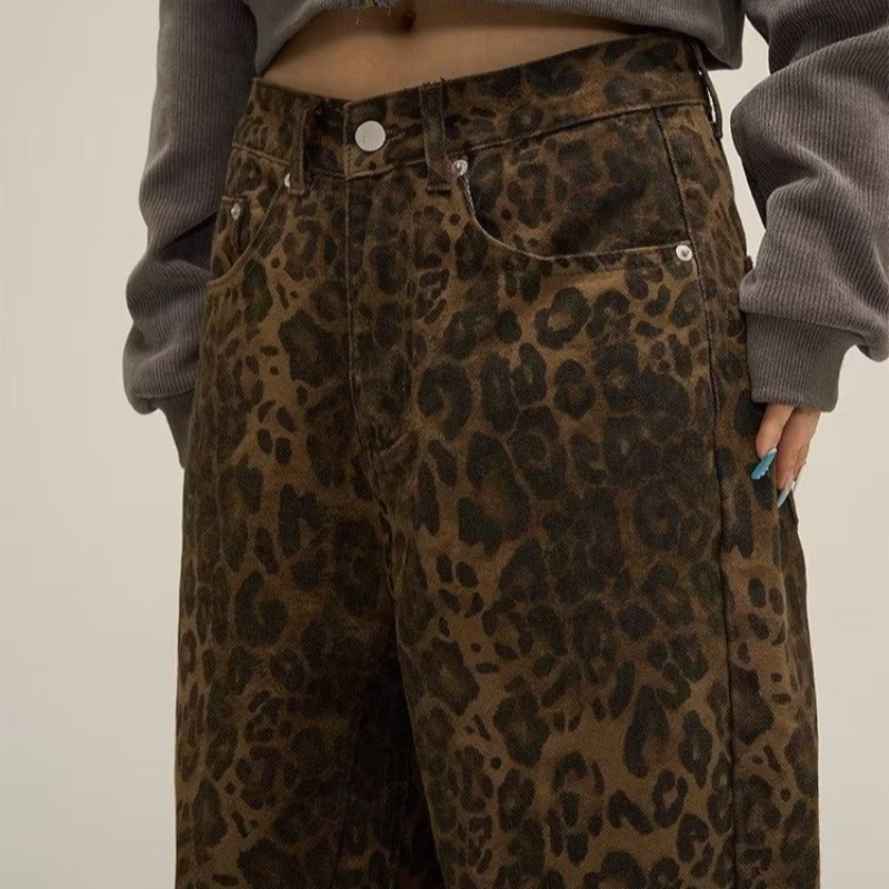 BROWN WIDE-LEG LEOPARD PRINT JEANS