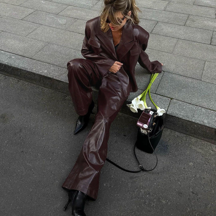 BURGUNDY FAUX LEATHER BELTED SUIT