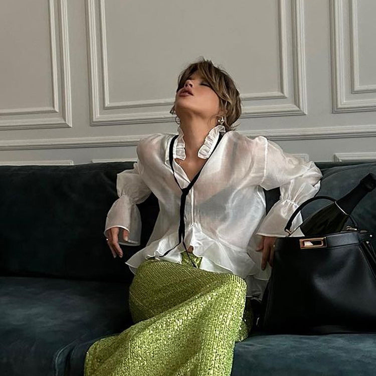 WHITE SHEER TIE-NECK BLOUSE