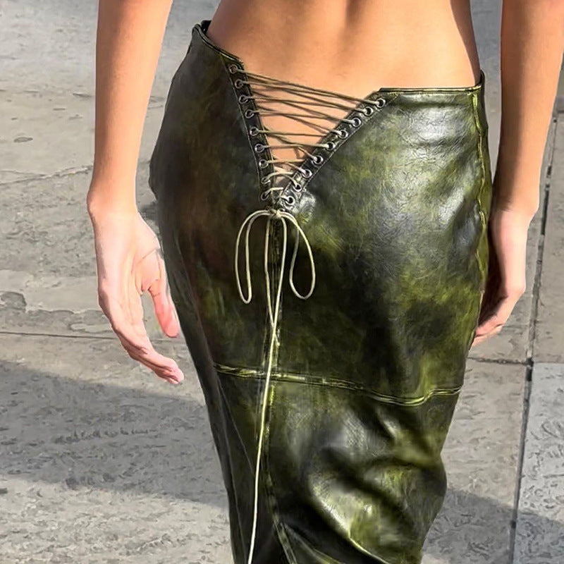 LACE UP FAUX LEATHER MAXI SKIRT