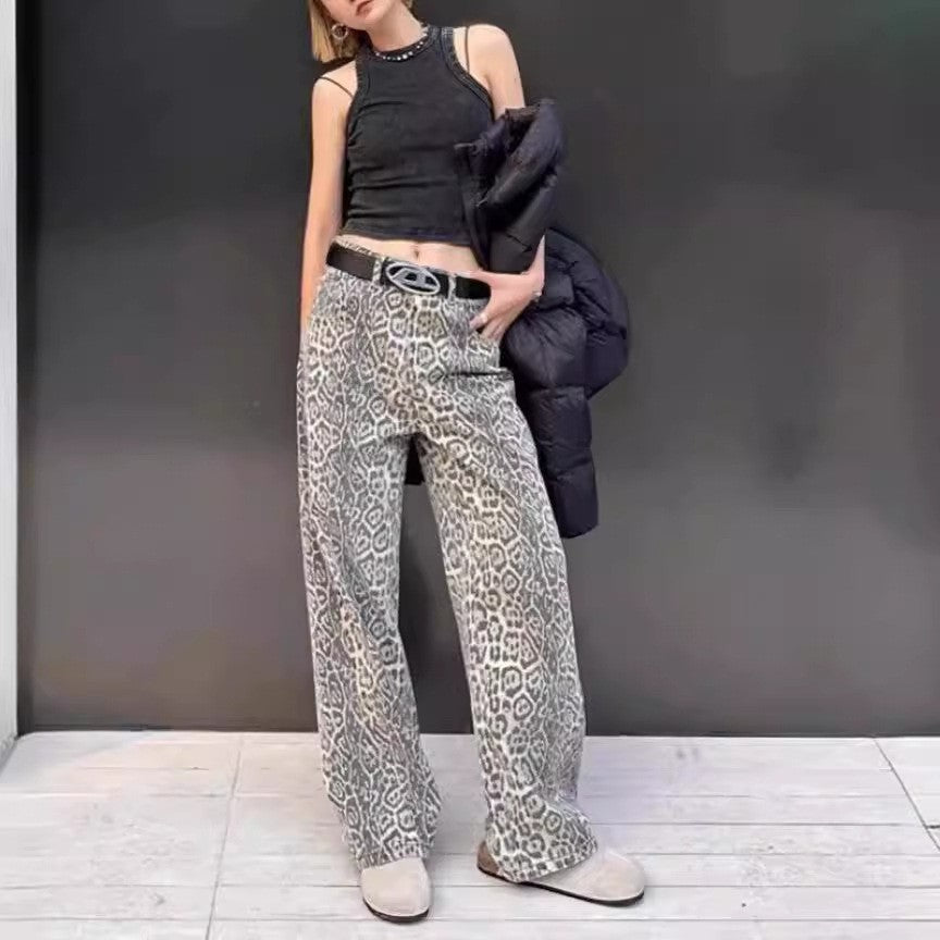 TAN LEOPARD PRINT WIDE-LEG JEANS