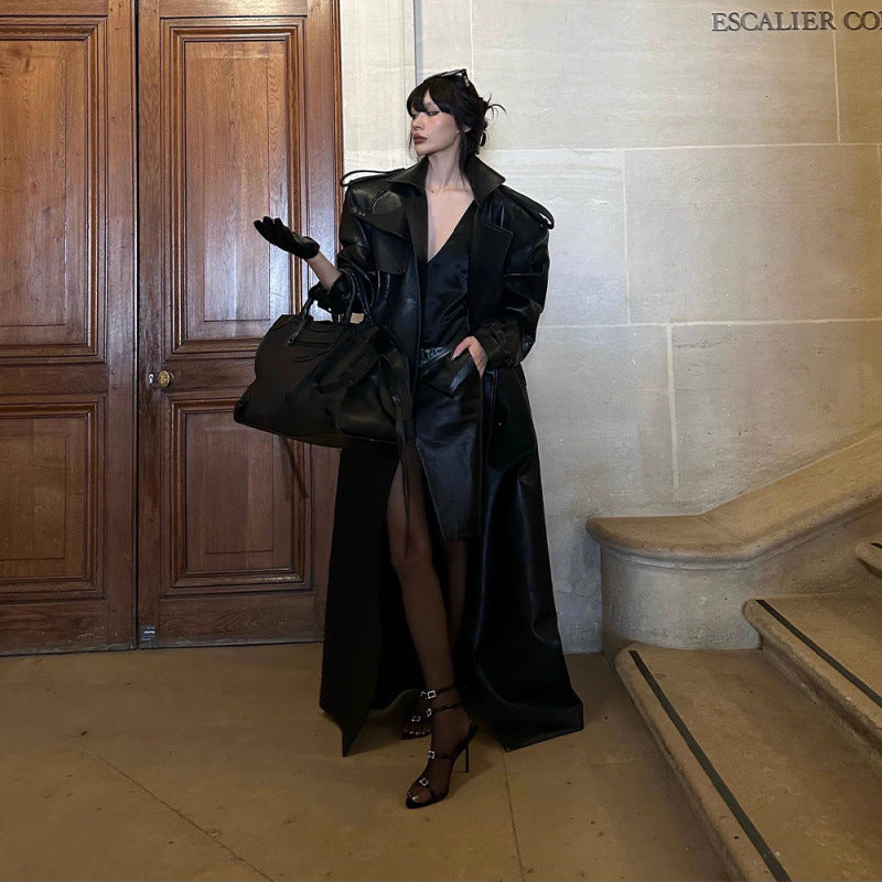 BLACK FAUX LEATHER TRENCH COAT