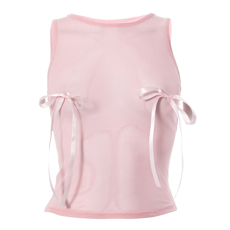 PINK BOW MESH CROP TOP