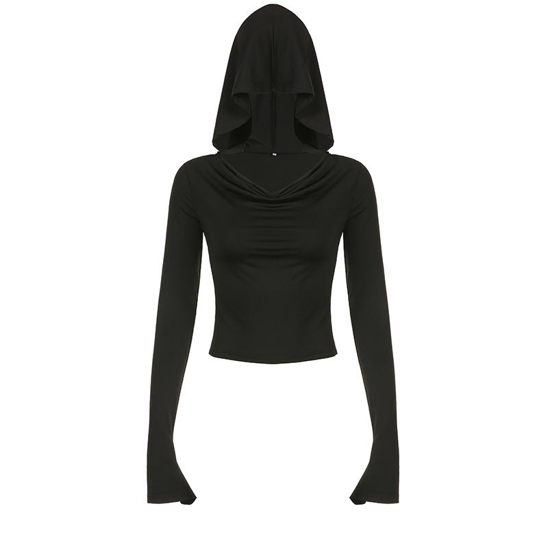 BLACK OFF-SHOULDER HOODED TOP