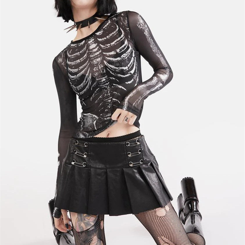 LONG SLEEVE SKELETON GRAPHIC MESH TOP