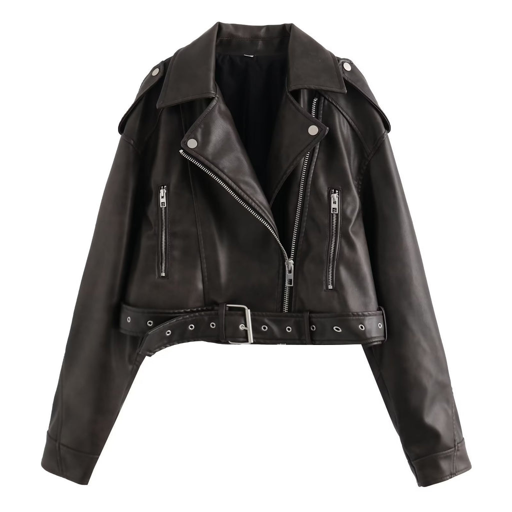 BLACK CROPPED FAUX LEATHER BIKER JACKET