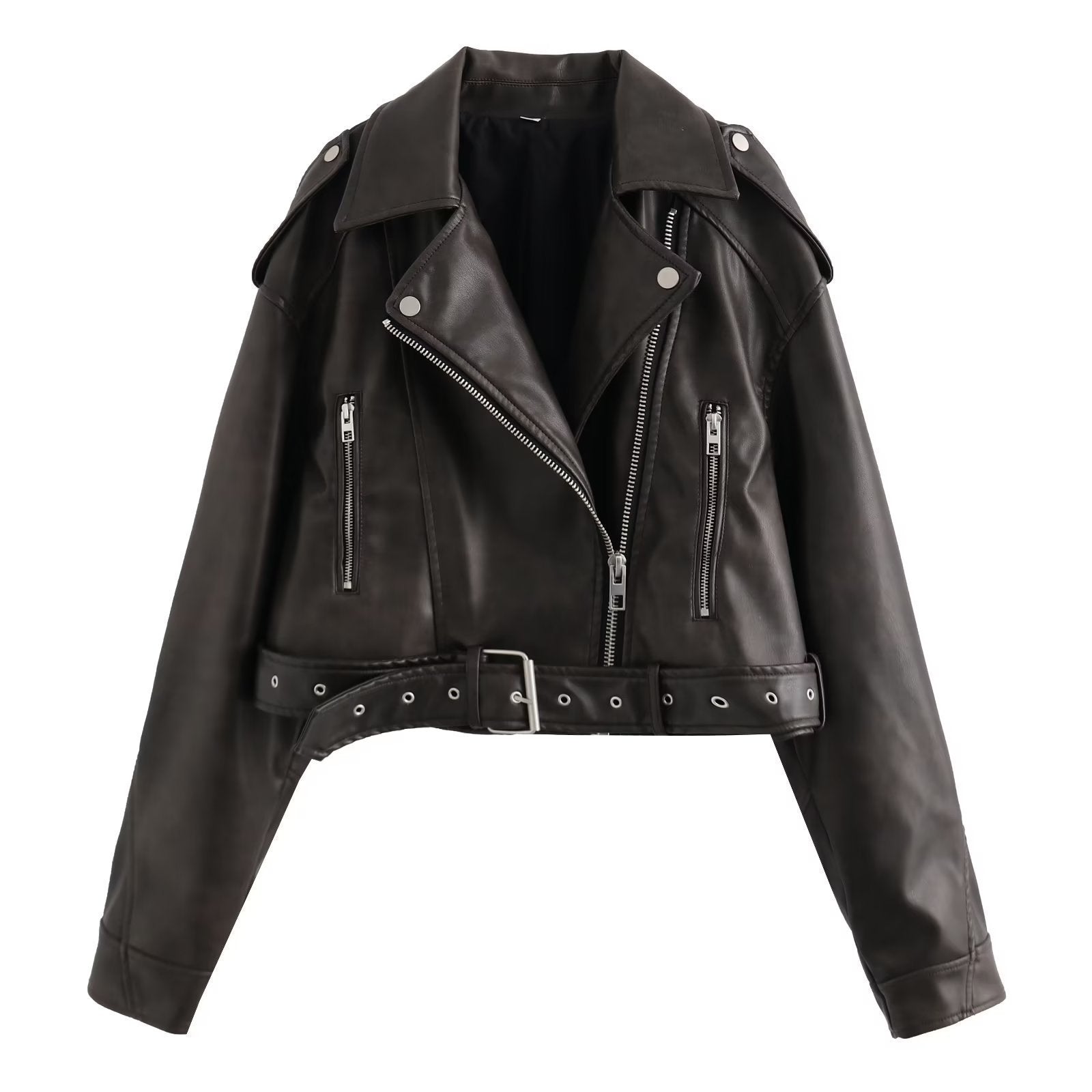 BLACK CROPPED FAUX LEATHER BIKER JACKET