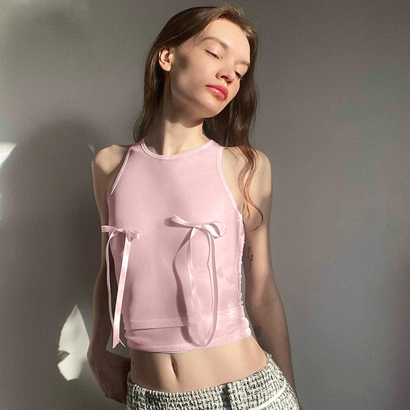 PINK BOW MESH CROP TOP