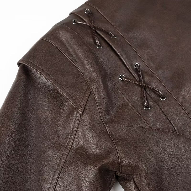 BROWN BELTED FAUX LEATHER JACKET